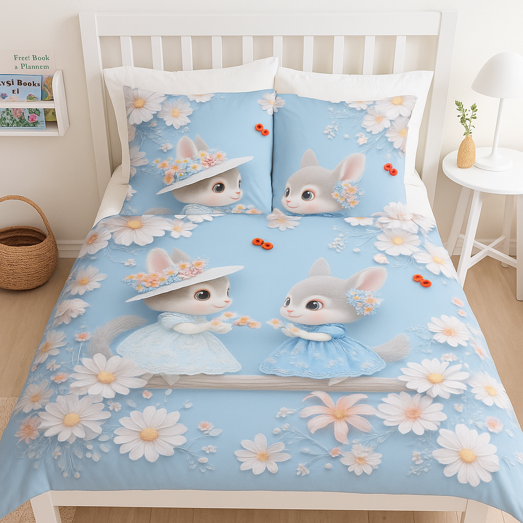 Bunny Blossom – Premium 7D Double Bedsheet with Pillow Covers