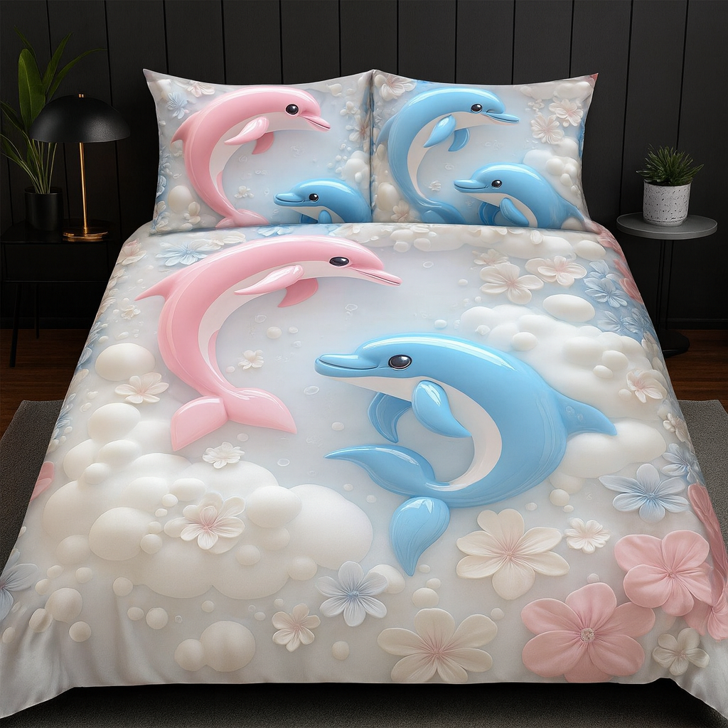 Dolphin Dreams Cotton Feel Bedsheet Set – Ocean Pink & Blue