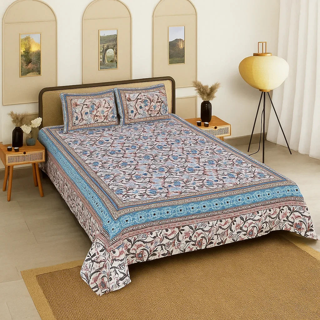 Kashmiri Blue Bloom Bedsheet Set