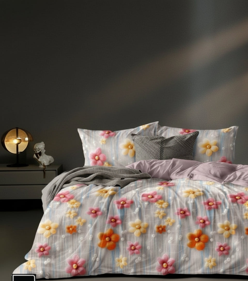 Floral Fantasy – Premium 7D Double Bedsheet with Pillow Covers