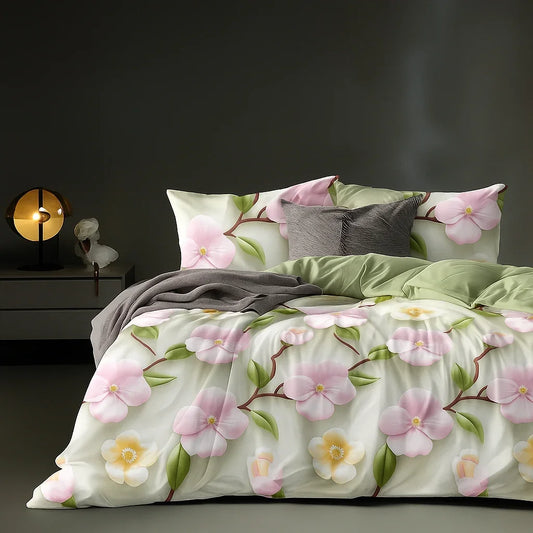 King Size 108x108 BlushBloom – 7D Soft Pink Blossom Bedsheet Set