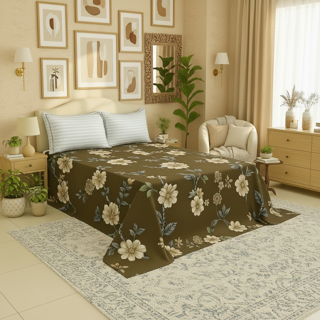 Mocha Bloom – Premium Floral Double Bedsheet with Pillow Covers