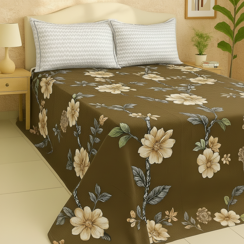 Mocha Bloom – Premium Floral Double Bedsheet with Pillow Covers
