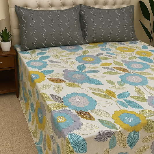 Aqua Flora – Premium Floral Double Bedsheet with Pillow Covers - Neend Niketan
