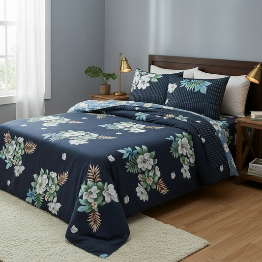 Midnight Blossom – Premium Navy Floral Double Bedsheet with Pillow Covers