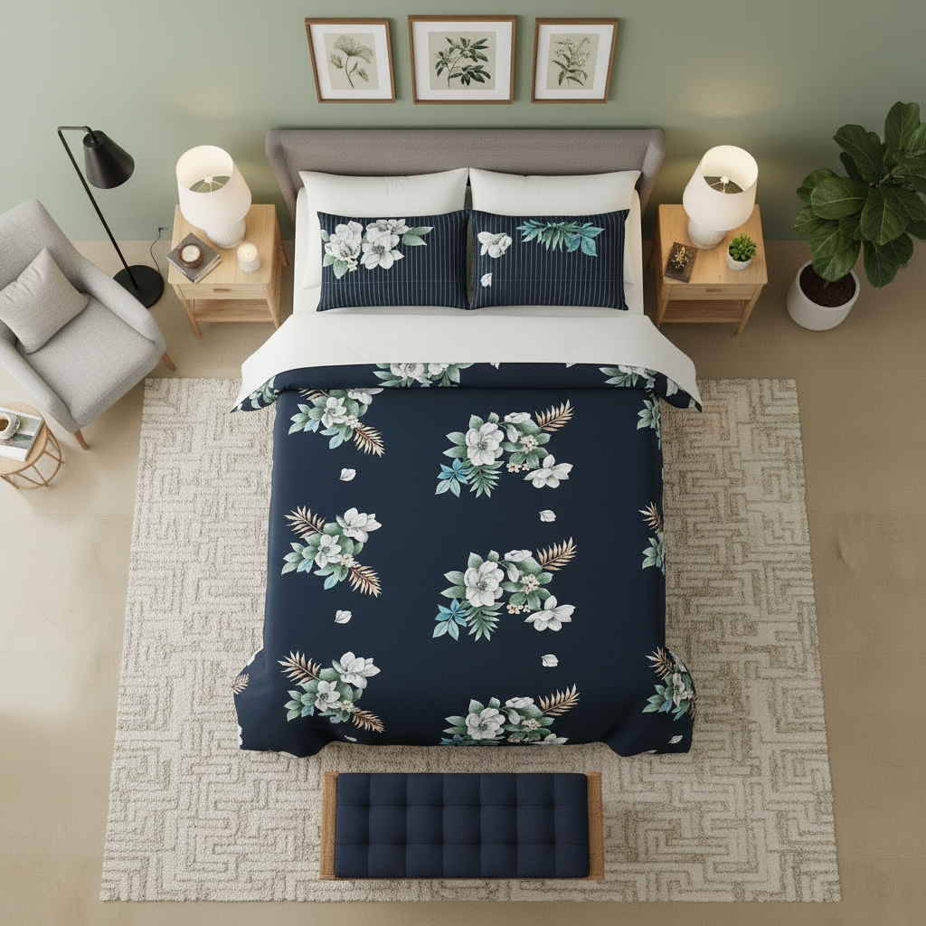 Midnight Blossom – Premium Navy Floral Double Bedsheet with Pillow Covers