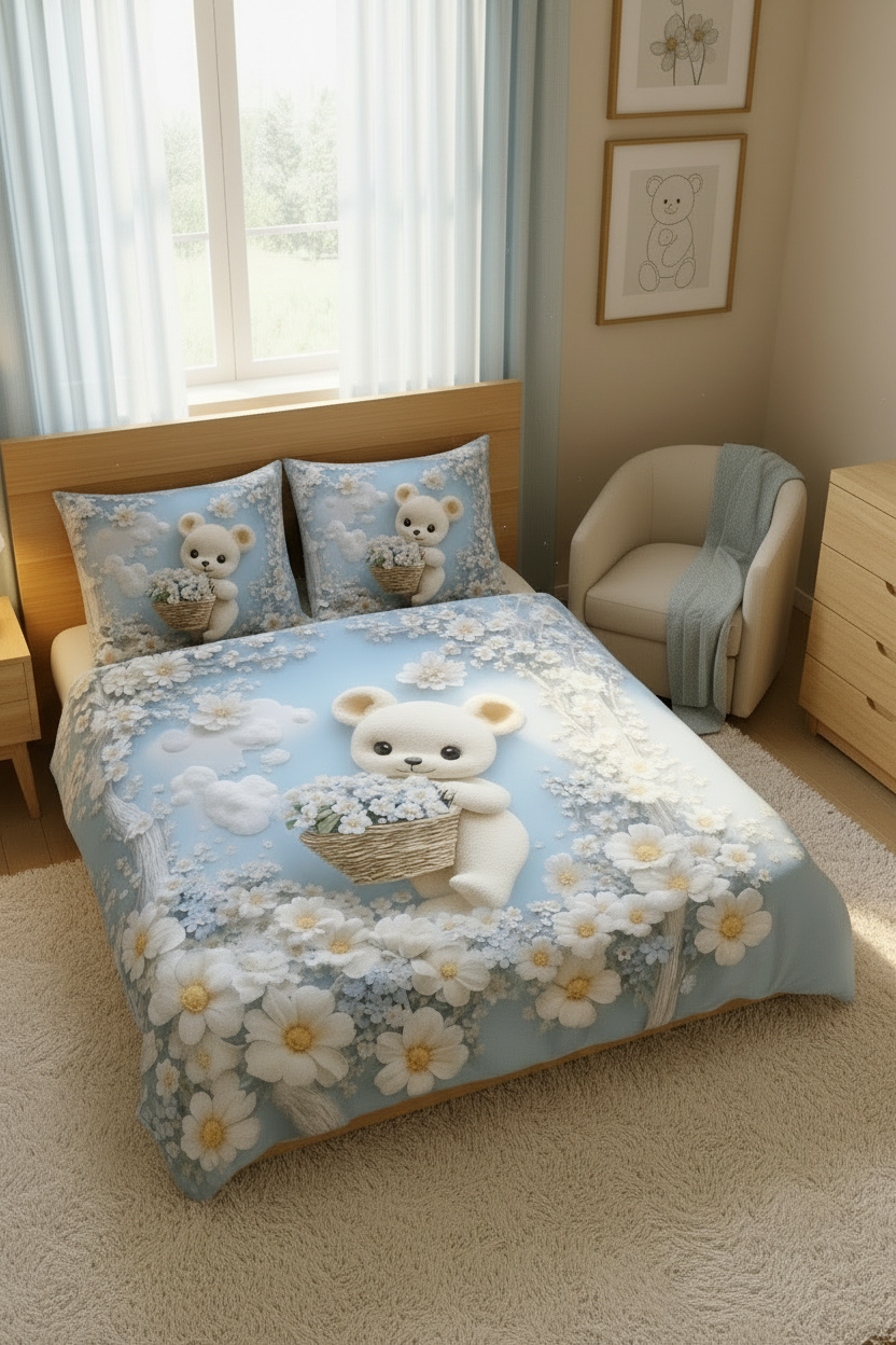 King Size 108x108 Teddy Blossom – Premium 7D Bedsheet