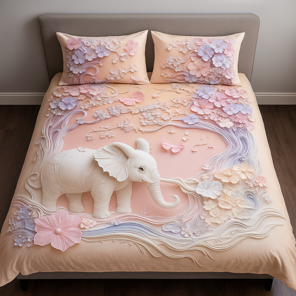king Size Elephant Blossom – Premium 7D Double Bedsheet with Pillow Covers