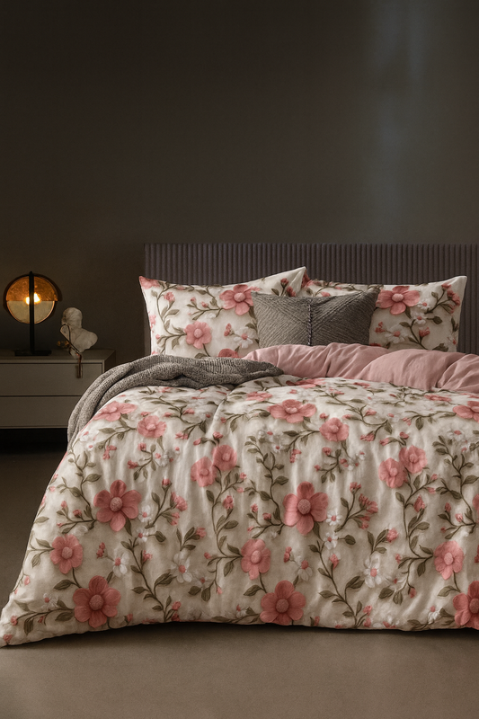Rosé Charm – Premium Floral Cotton Feel Double Bedsheet with Pillow Covers