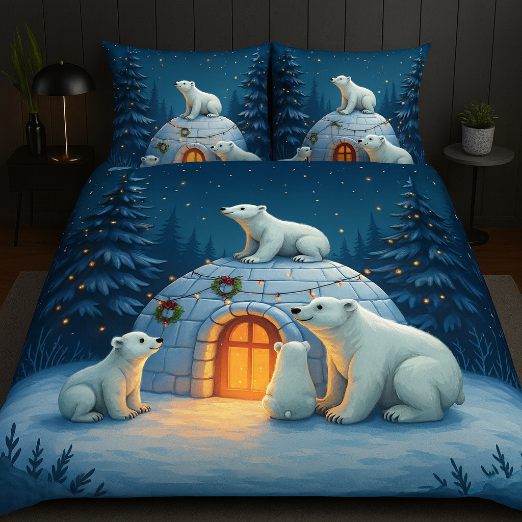 Arctic Glow Bedsheet Set – Polar Bears & Igloo Night Scene - Neend Niketan