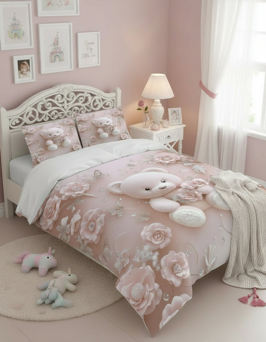 King Size 108x108 Blush Teddy Dreamland – Premium 7D Double Bedsheet with Pillow Covers